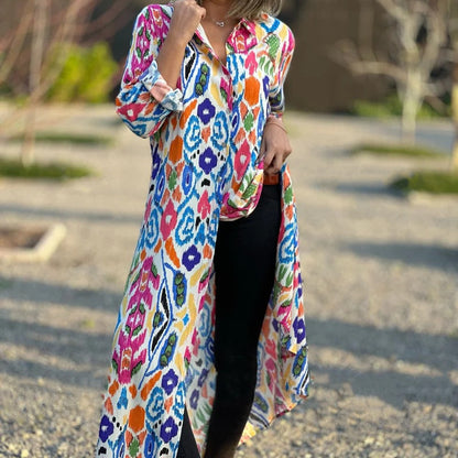 Langärmeliges Kleid mit Revers und Blumendruck für Frauen