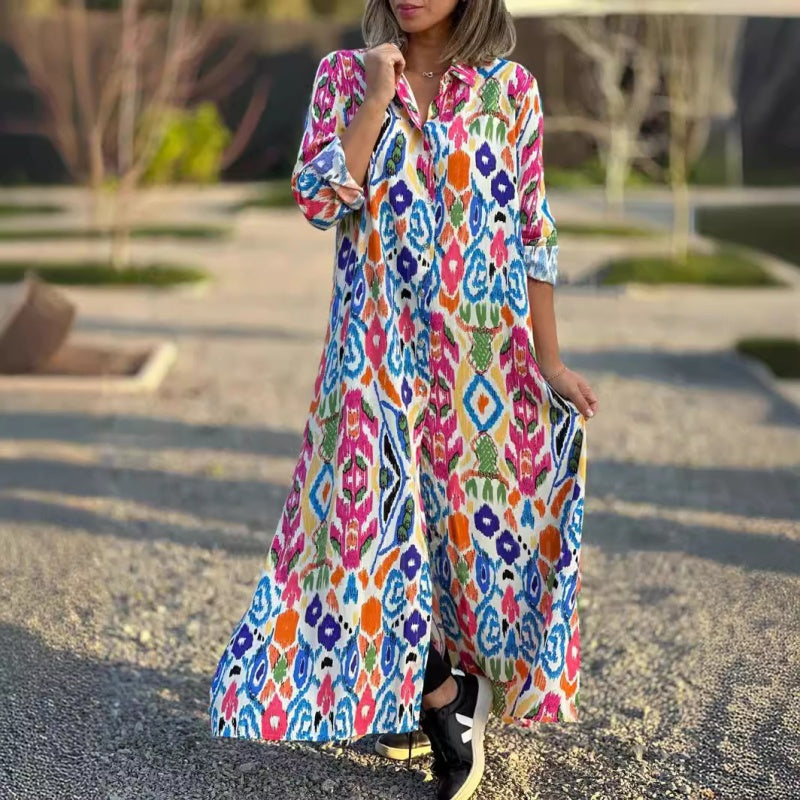Langärmeliges Kleid mit Revers und Blumendruck für Frauen