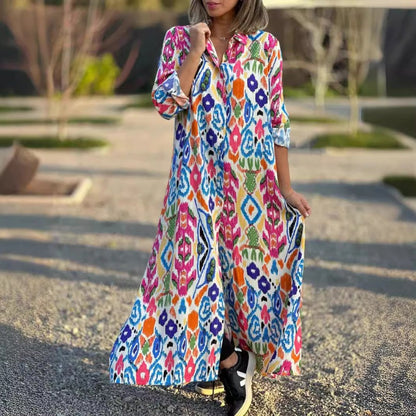 Langärmeliges Kleid mit Revers und Blumendruck für Frauen