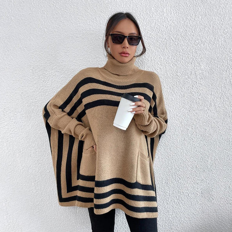 Frühzeitiger Weihnachtsverkauf 🎅Gestrickter Rollkragenpullover mit Fledermausärmeln und Streifen für Damen