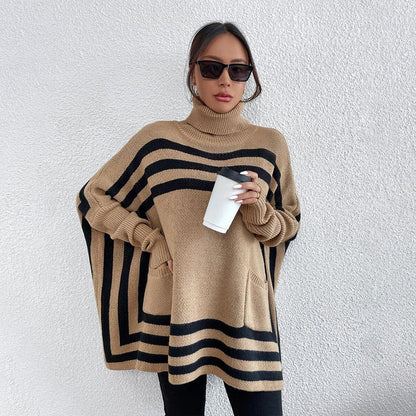 Frühzeitiger Weihnachtsverkauf 🎅Gestrickter Rollkragenpullover mit Fledermausärmeln und Streifen für Damen