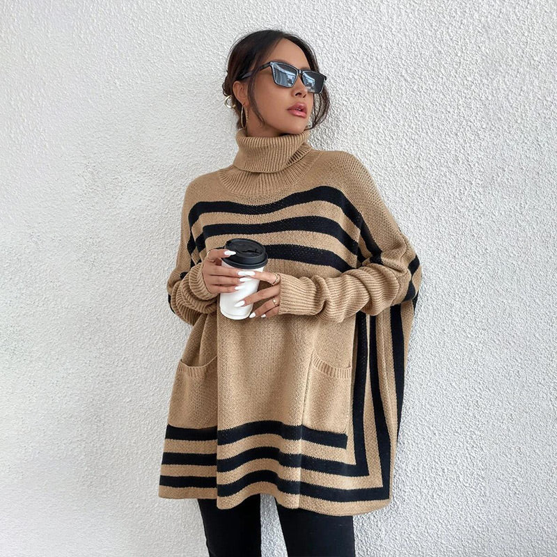 Frühzeitiger Weihnachtsverkauf 🎅Gestrickter Rollkragenpullover mit Fledermausärmeln und Streifen für Damen