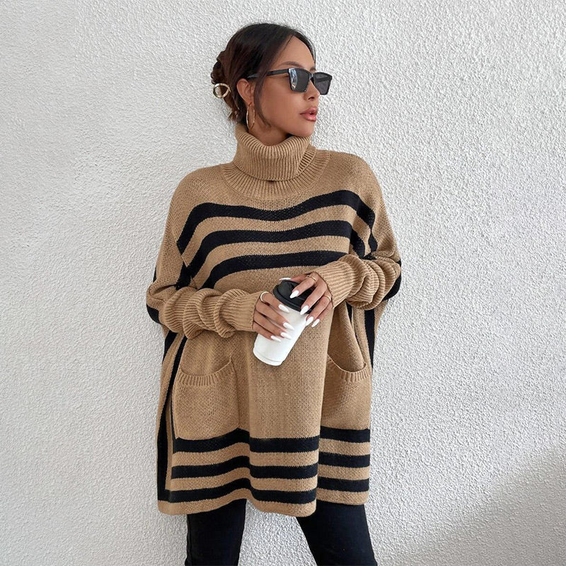 Frühzeitiger Weihnachtsverkauf 🎅Gestrickter Rollkragenpullover mit Fledermausärmeln und Streifen für Damen