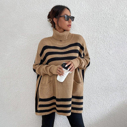 Frühzeitiger Weihnachtsverkauf 🎅Gestrickter Rollkragenpullover mit Fledermausärmeln und Streifen für Damen