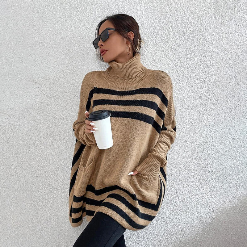 Frühzeitiger Weihnachtsverkauf 🎅Gestrickter Rollkragenpullover mit Fledermausärmeln und Streifen für Damen