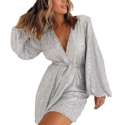 🌟Herbst/Winter-Ausverkauf🎁Paillettenbesetztes langärmeliges einteiliges Shorts-Set