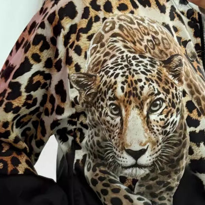 Bomberjacke mit Leopardenmuster, Reißverschluss und Kordelzug am Saum