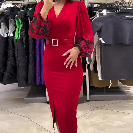 🍁Herbst-Neuankünfte 50% RABATT💃Elegantes Kleid mit V-Ausschnitt für Damen in Rot