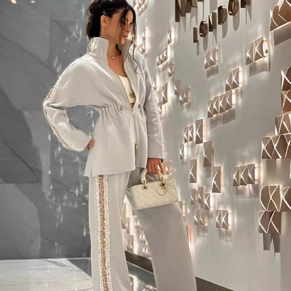 🩵Elegante top con ribete de lentejuelas y pantalón de corte ancho para mujer