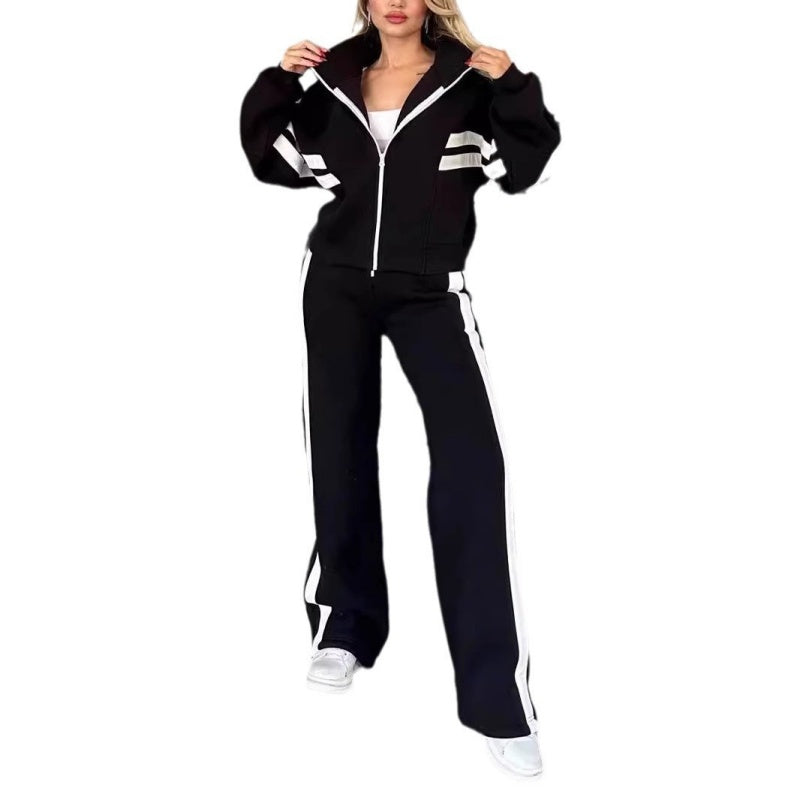 Zweiteiler für Damen: Gestreifte Jacke mit Reißverschluss und Freizeithose