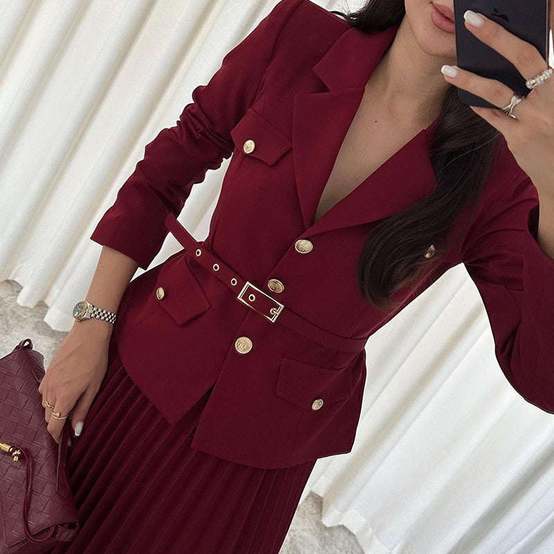 🎄Weihnachts-Specials 50% RABATT🎄Zweiteiliges Set aus Reversblazer und Faltenrock für Damen (mit Gürtel)