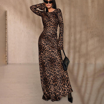 Sexy Kleid mit Leopardenmuster, Rundhalsausschnitt & extra langen Ärmeln für Damen