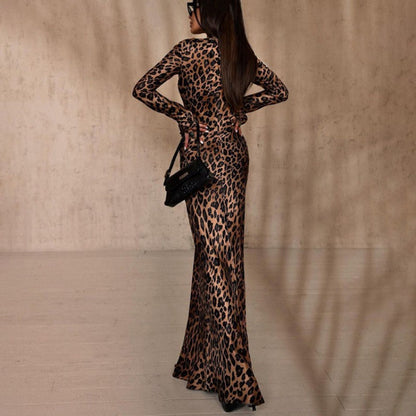 Sexy Kleid mit Leopardenmuster, Rundhalsausschnitt & extra langen Ärmeln für Damen