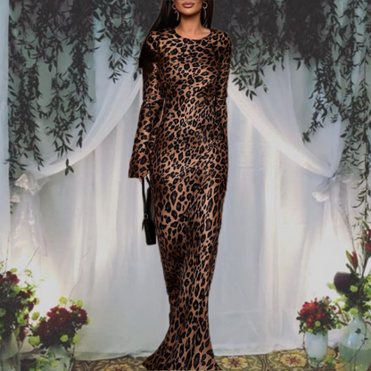 Sexy Kleid mit Leopardenmuster, Rundhalsausschnitt & extra langen Ärmeln für Damen
