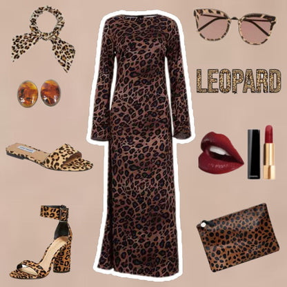 Sexy Kleid mit Leopardenmuster, Rundhalsausschnitt & extra langen Ärmeln für Damen