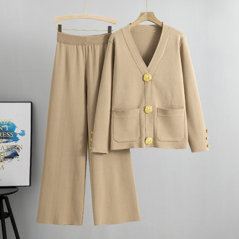 👗🌸Damen-Zweiteiler aus Pullover mit Knöpfen und Hose mit weitem Bein