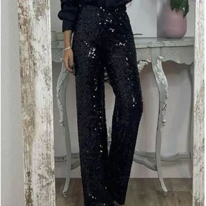 Schlanke Stretch-Schlaghose mit hoher Taille, Pailletten für Damen