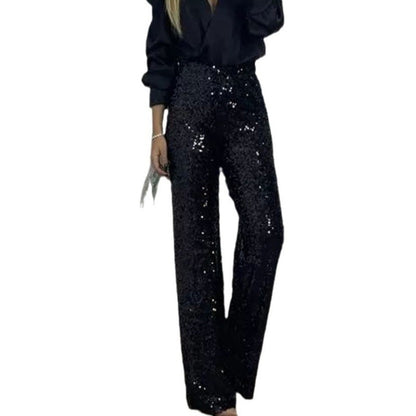 Schlanke Stretch-Schlaghose mit hoher Taille, Pailletten für Damen