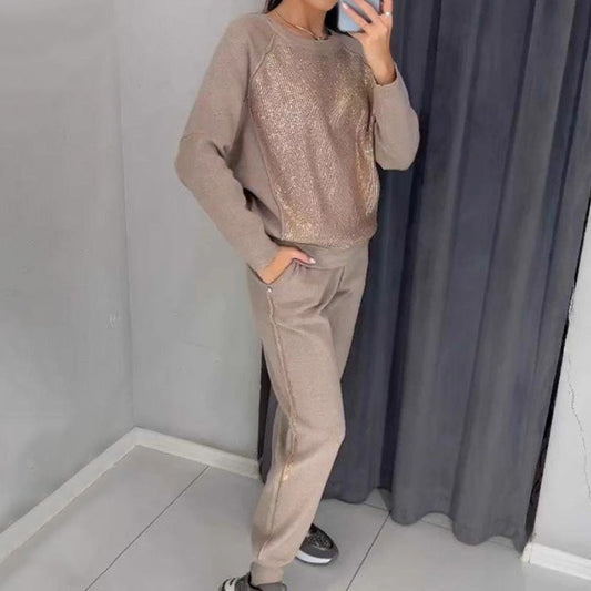 Bis zu 50% Rabatt!!🔥Damen Glitter Rhinestone Sweatshirt & Casual Hose 2-teiliges Set