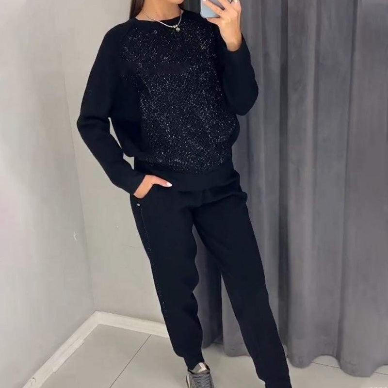 Bis zu 56% Rabatt!!🔥Damen Glitter Rhinestone Sweatshirt & Casual Hose 2-teiliges Set