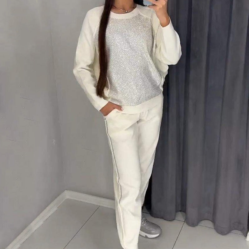 Bis zu 56% Rabatt!!🔥Damen Glitter Rhinestone Sweatshirt & Casual Hose 2-teiliges Set