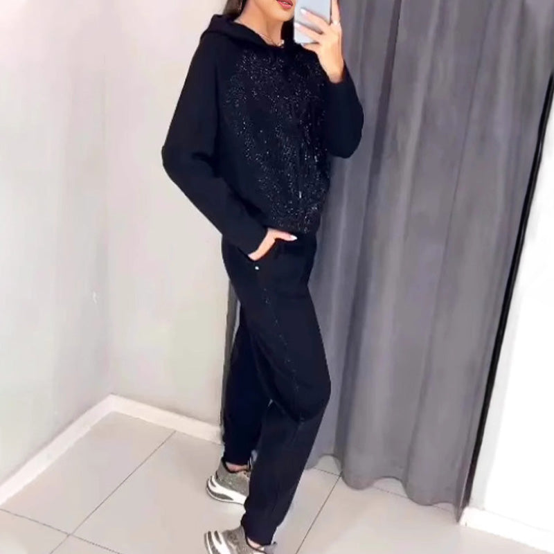 Bis zu 50% Rabatt!!🔥Damen Glitter Rhinestone Sweatshirt & Casual Hose 2-teiliges Set