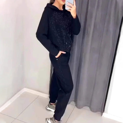 Bis zu 50% Rabatt!!🔥Damen Glitter Rhinestone Sweatshirt & Casual Hose 2-teiliges Set