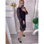 ✨Heiße Neuankömmlinge🛍️Leopard Color Blocking Mock Neck Knielanges Kleid