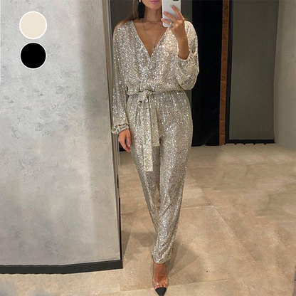 Glitzernde Damen Jumpsuit mit V-Ausschnitt und Gürtel