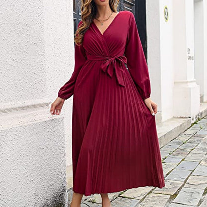 Langes plissiertes Wickelkleid mit Bindegürtel für Damen