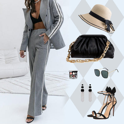 Lässiges 2-teiliges Damen-Set aus grauem Blazer-Oberteil und weiten Hosen 📦Freie Lieferung📦