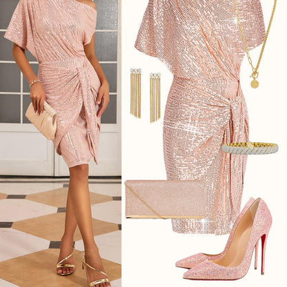 💃 LETZTER TAG - 50% RABATT! ✨ FUNKELNDES RÜSCHENKLEID - Ein Schulterteil mit Glitzer, Elegant für Abendmode und besondere Anlässe 🌟