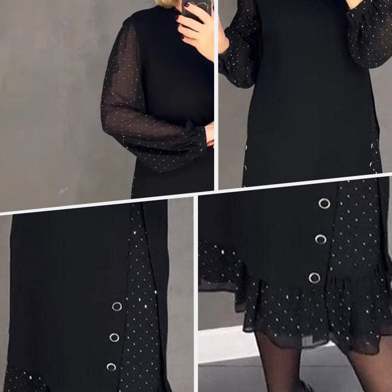 🔥Nuevo descuento 2025🍃Vestidos de mujer con cuello redondo y diamantes de imitación de color liso 📦Entrega gratuita