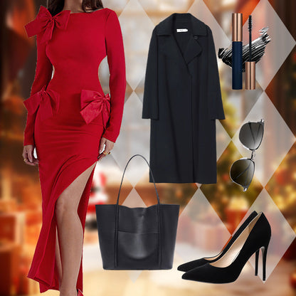 💝Vestido elegante con lazo en la cintura y escote alto.🌲