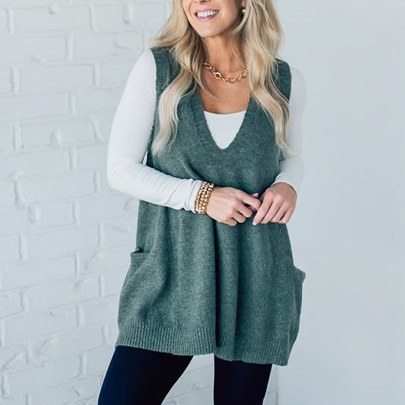 ❤️Räumungsverkauf❤️Damen Pullover-Weste mit V-Ausschnitt und Taschen