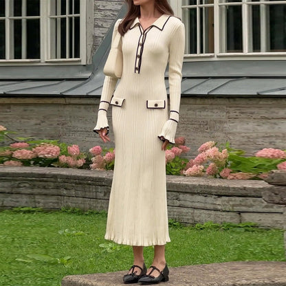 Vestido de tejer para mujeres con mangas de campana y cierre de la mitad de los botones