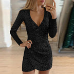 Glitzerndes Pailletten-Bodycon-Kleid mit V-Ausschnitt für Damen