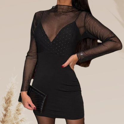 Sexy Bodycon-Kleid für Damen mit V-Ausschnitt, Mesh und Strass