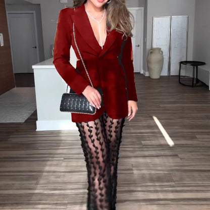 Set de 2 partes para mujeres: Blazer y pantalones de malla transparente