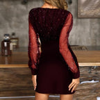 Damen Pailletten Kleid im Wickelschnitt mit Mesh Langärmeln