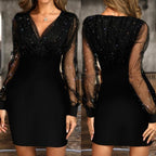 Damen Pailletten Kleid im Wickelschnitt mit Mesh Langärmeln
