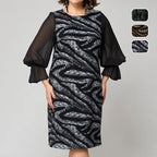 Bedrucktes Damenkleid mit Rundhalsausschnitt und langen Mesh-Ärmeln