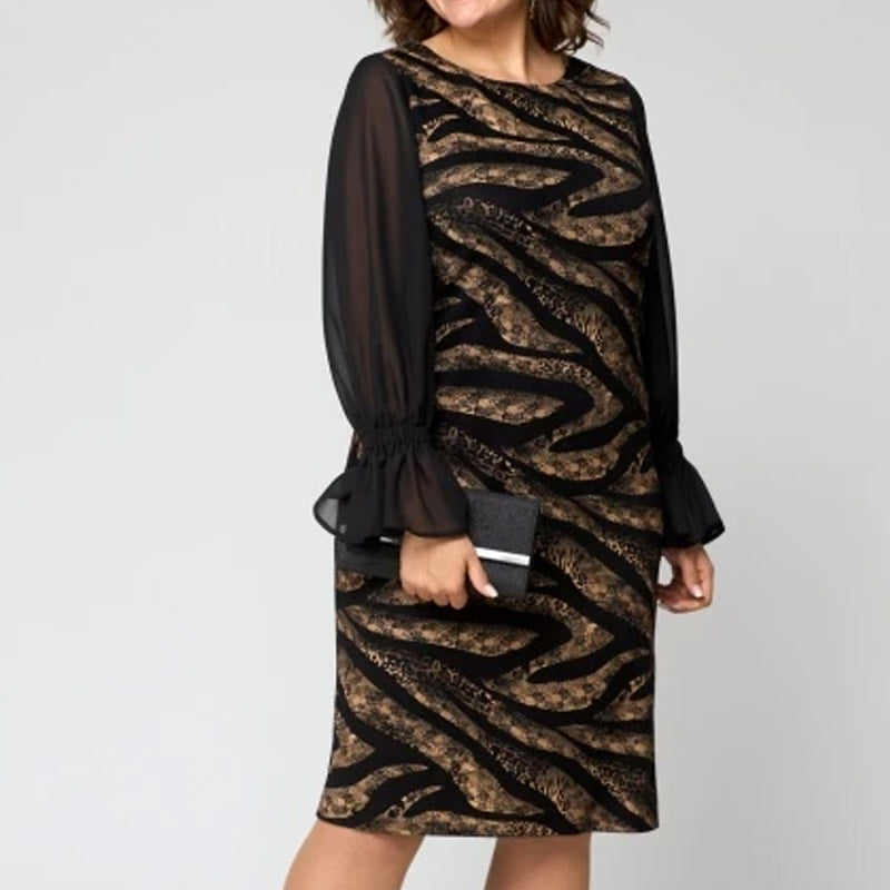 Vestido para mujeres impresas con un escote circular y mangas largas de malla