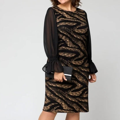 Vestido para mujeres impresas con un escote circular y mangas largas de malla