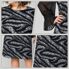 Bedrucktes Damenkleid mit Rundhalsausschnitt und langen Mesh-Ärmeln