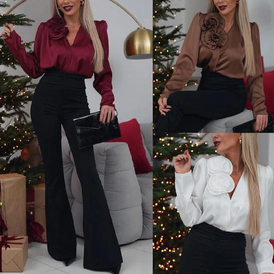 🔥Gran venta 50% de descuento🔥Blusa de satén de lujo con escote en V y detalle de rosa para mujer