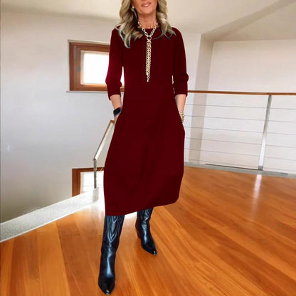 Vestido de cuello redondo informal y monocromático con bolsas para mujeres