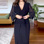 Elegantes Kleid mit V-Ausschnitt und langen Laternenärmeln aus Mesh für Frauen