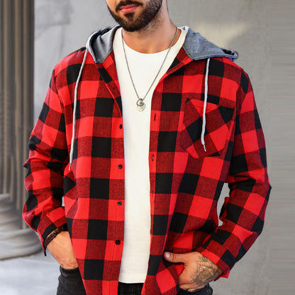 🔥Oferta de año nuevo🔥Camisa de franela a cuadros versátil con capucha para hombre