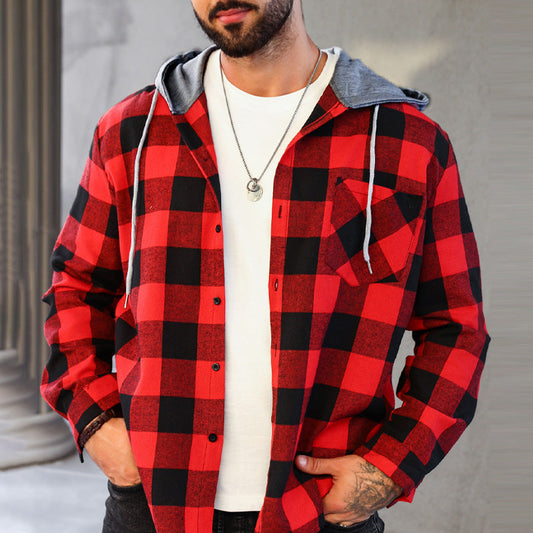 🔥Oferta de año nuevo🔥Camisa de franela a cuadros versátil con capucha para hombre